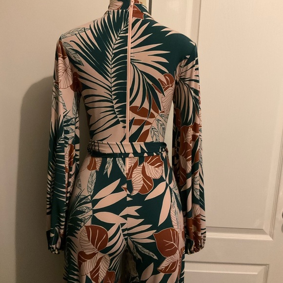 Pink and Green Long Sleeve Tropical Print Jumpsuit - Picture 7 of 10